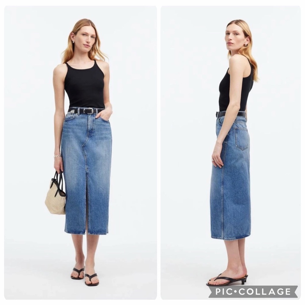 New Madewell The Rilee 90's Grunge Mom Denim Midi Skirt Front Slit Size 27